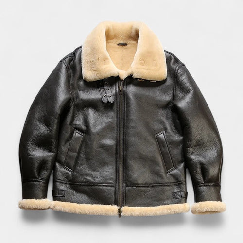 Men's Aviator Jacket With Deep Pile Collar And Zip Front - Dark Brown
