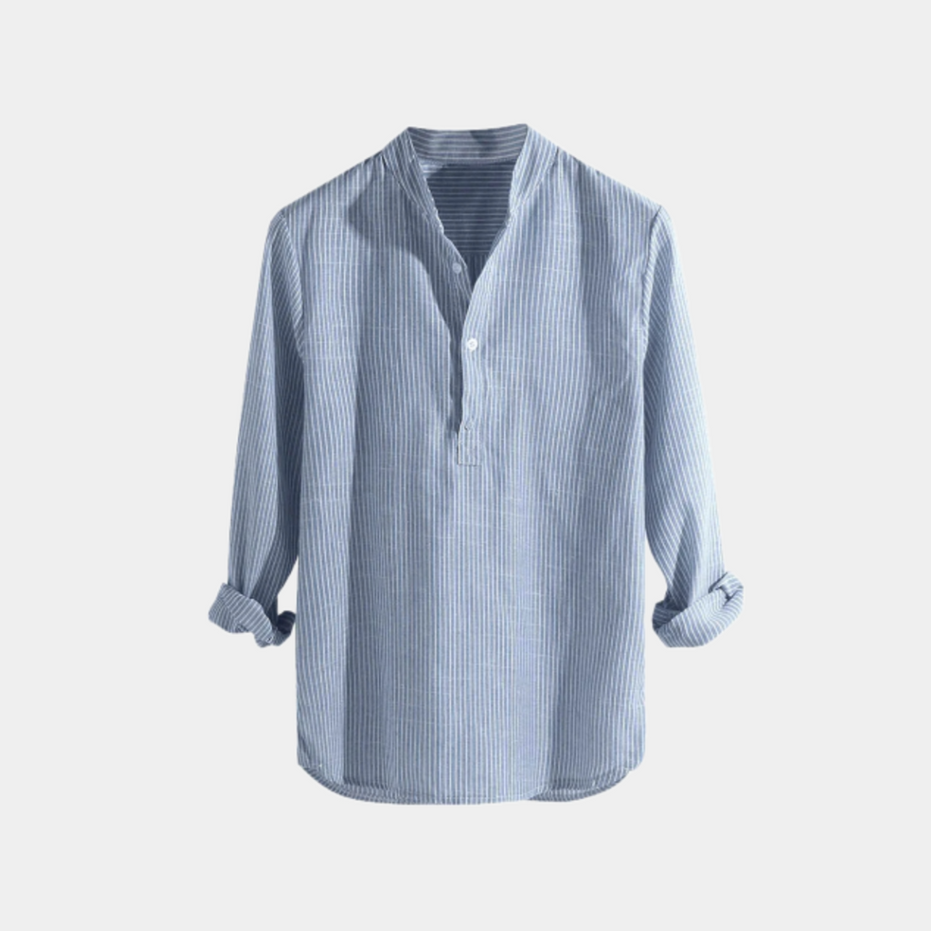 Men's Band Collar Popover Shirt With Half Placket - Light Blue