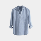 Men's Band Collar Popover Shirt With Half Placket - Light Blue