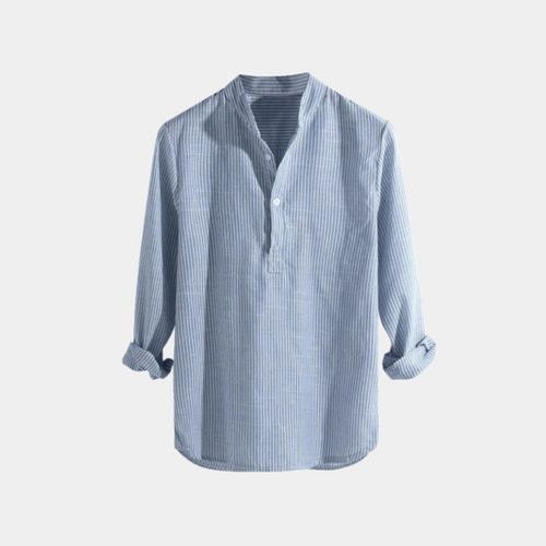 Men's Band Collar Popover Shirt With Half Placket - Light Blue