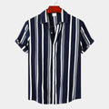 Men's Bold Vertical Stripe Shirt With Short Sleeves - Navy