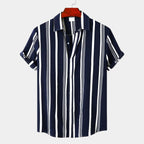 Men's Bold Vertical Stripe Shirt With Short Sleeves - Navy