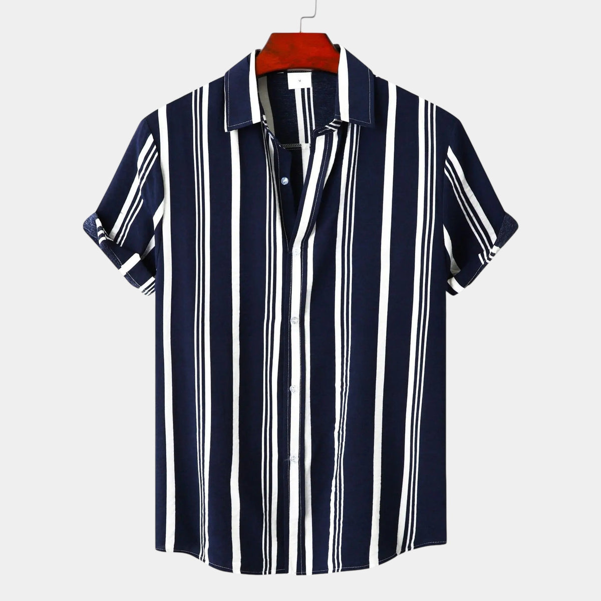 Men's Bold Vertical Stripe Shirt With Short Sleeves - Navy