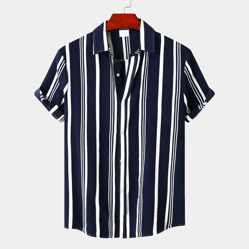 Men's Bold Vertical Stripe Shirt With Short Sleeves - Navy