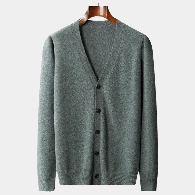 Men's Button-Front Cardigan With V Neckline - Military Green