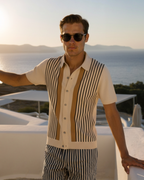 Men's Button-Front Knit Shirt With Vertical Stripes - Beige