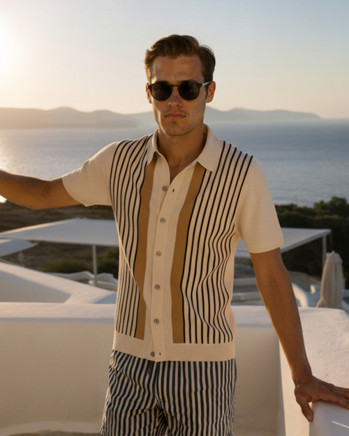 Men's Button-Front Knit Shirt With Vertical Stripes - Beige