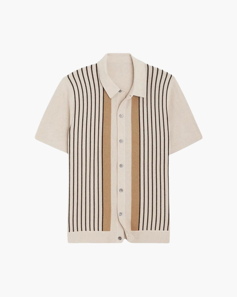 Men's Button-Front Knit Shirt With Vertical Stripes - Beige
