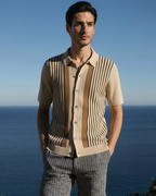 Men's Button-Front Knit Shirt With Vertical Stripes - Beige