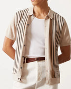 Men's Button-Front Knit Shirt With Vertical Stripes - Beige