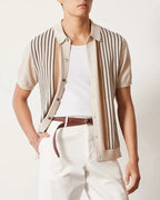 Men's Button-Front Knit Shirt With Vertical Stripes - Beige