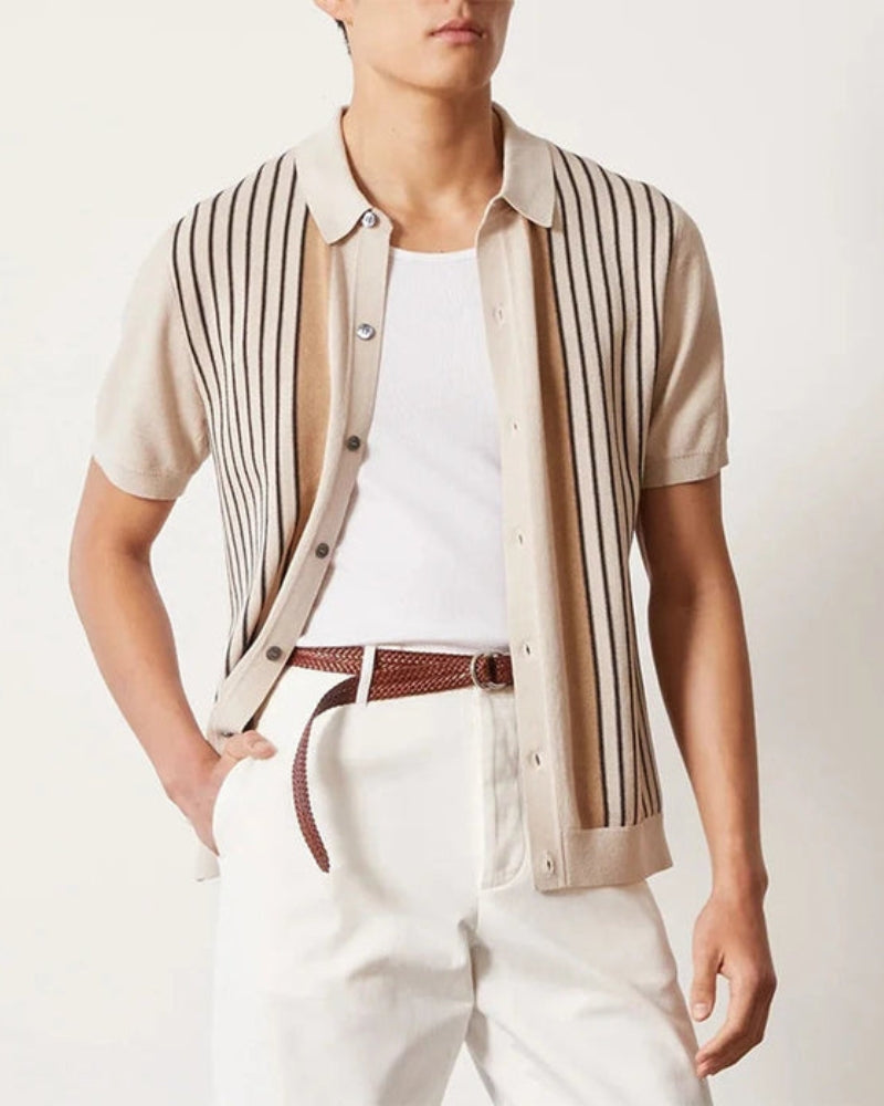 Men's Button-Front Knit Shirt With Vertical Stripes - Beige