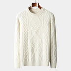Men's Cable-Knit Crew Neck Jumper With Ribbed Trims - White