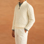Men's Cable-Knit Half-Zip Jumper With Stand Collar - Beige