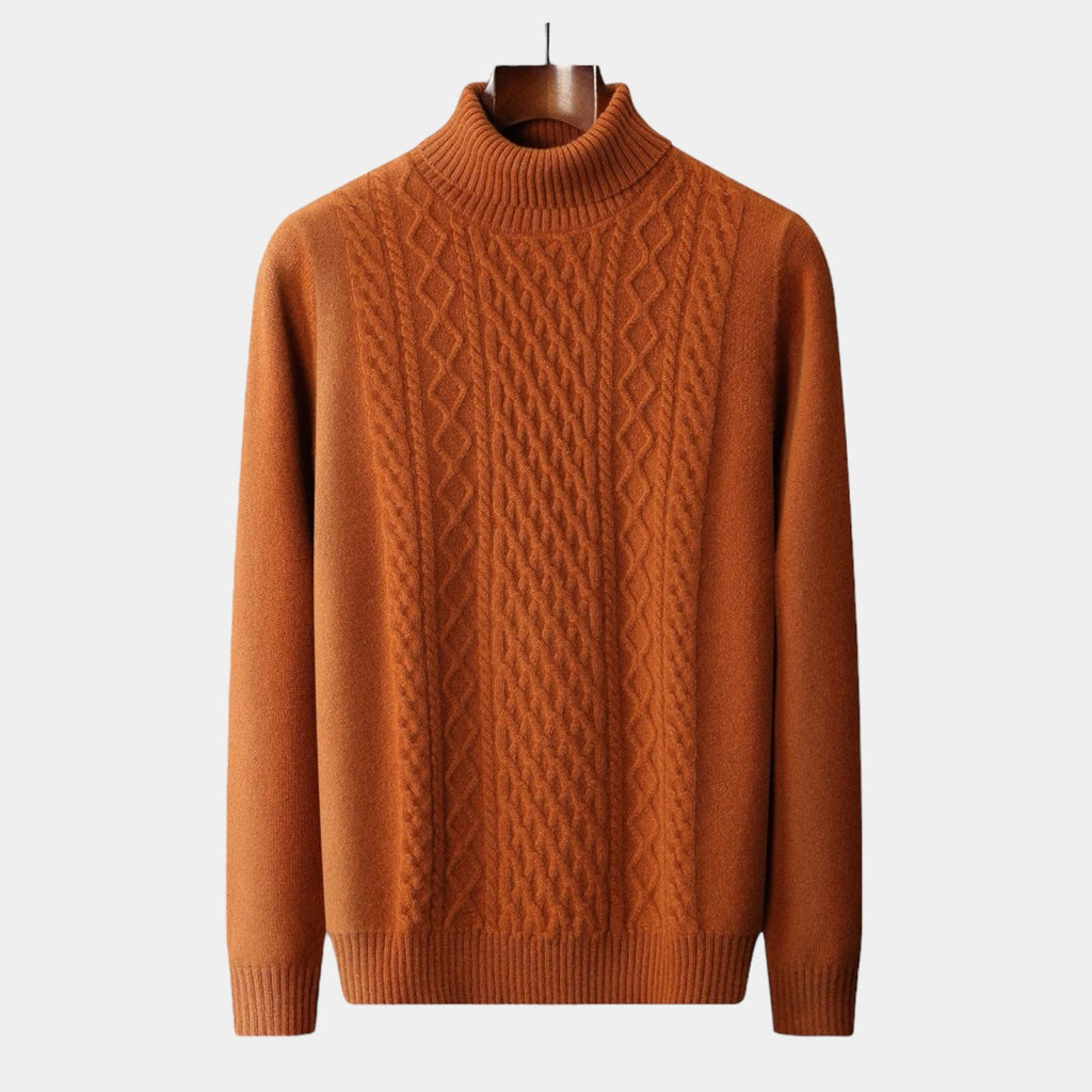 Men's Cable-Knit Mock Neck Jumper With Ribbed Collar - Caramel