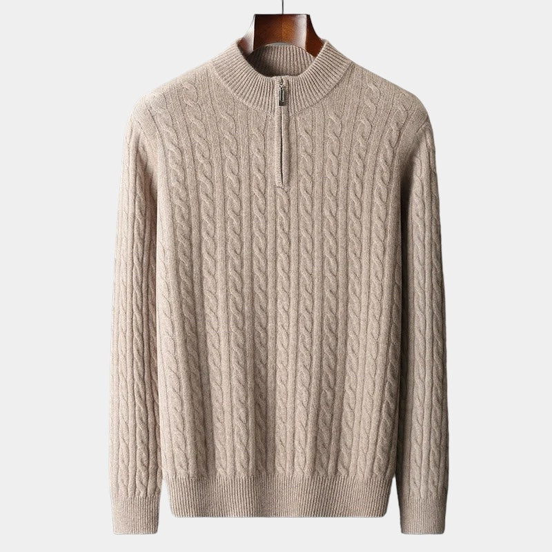 Men's Cable-Knit Quarter-Zip Jumper With Stand Neck - Camel