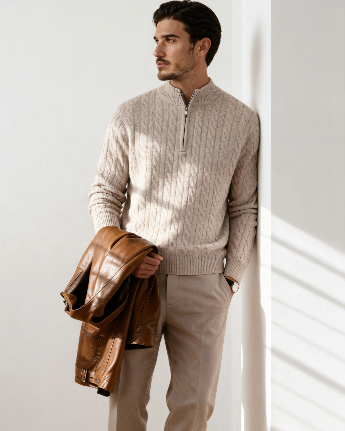 Men's Cable-Pattern Half-Zip Jumper With Ribbed Collar - Beige