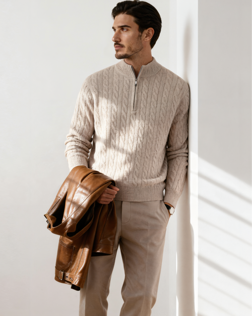 Men's Cable-Pattern Half-Zip Jumper With Ribbed Collar - Beige