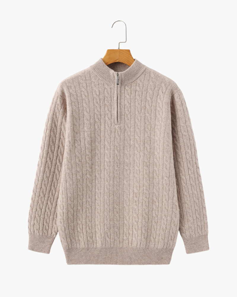 Men's Cable-Pattern Half-Zip Jumper With Ribbed Collar - Beige