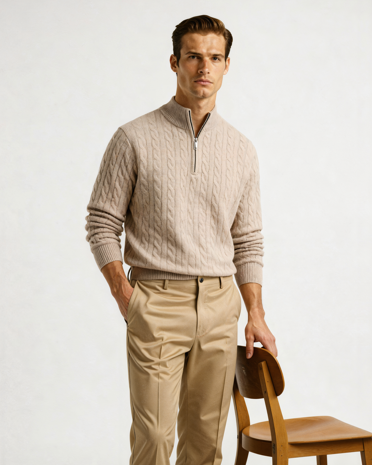 Men's Cable-Pattern Half-Zip Jumper With Ribbed Collar - Beige