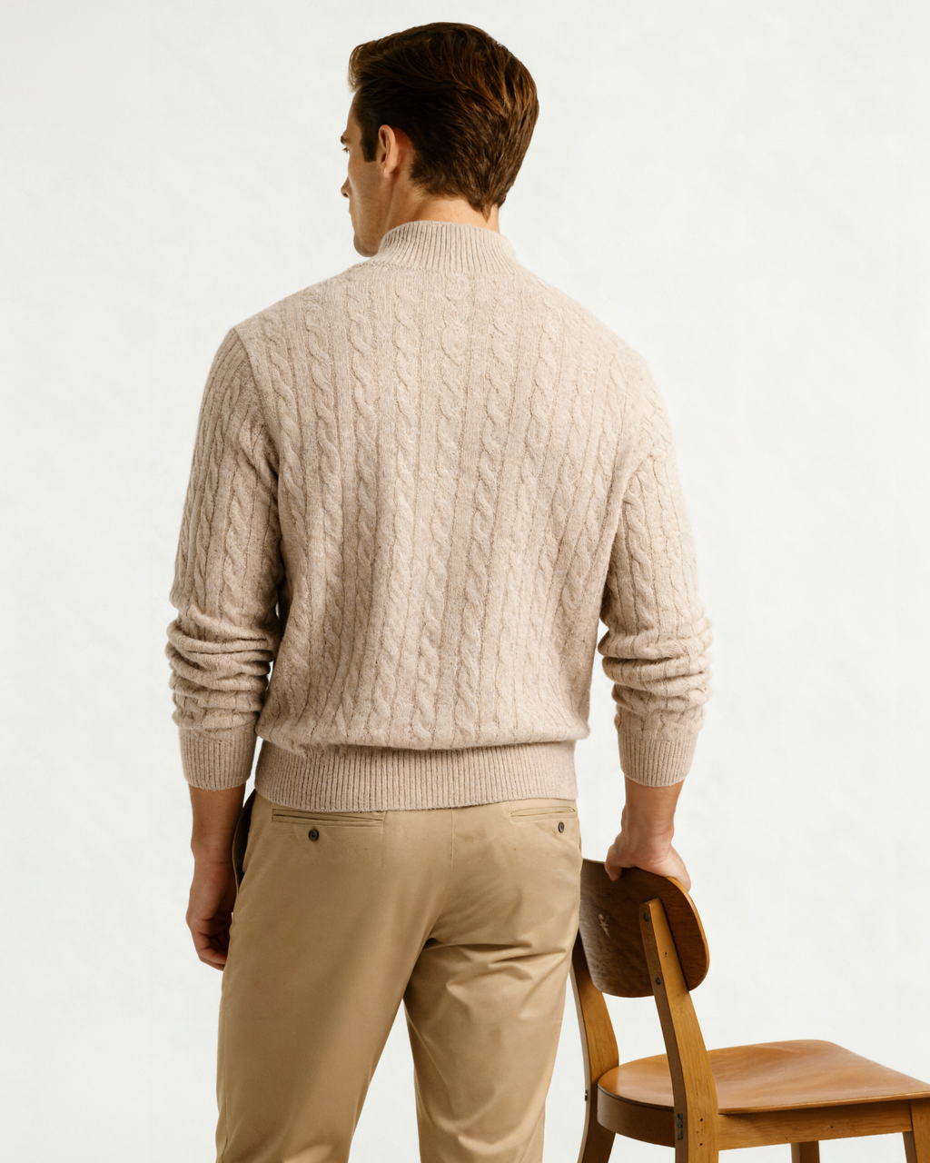 Men's Cable-Pattern Half-Zip Jumper With Ribbed Collar - Beige