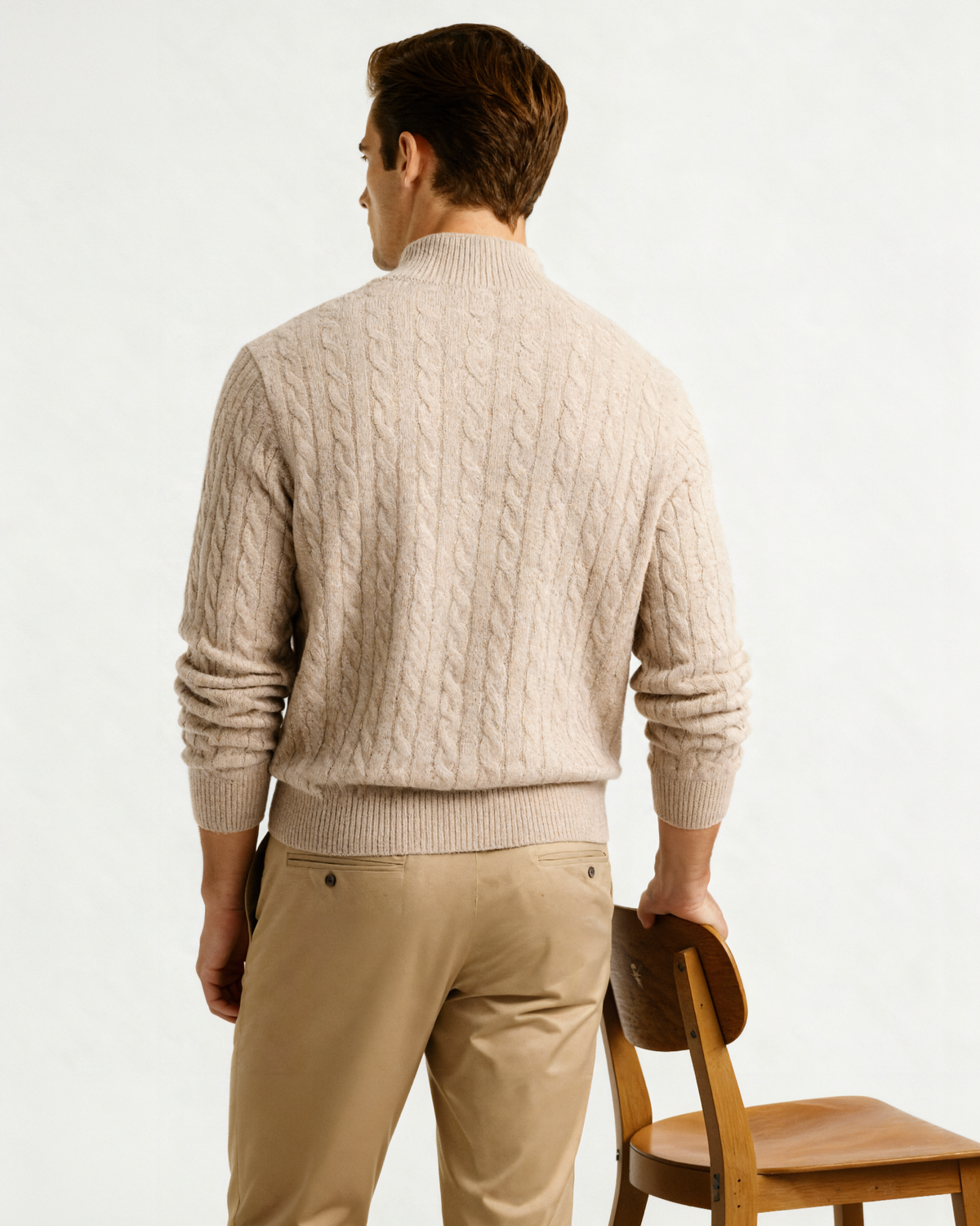 Men's Cable-Pattern Half-Zip Jumper With Ribbed Collar - Beige