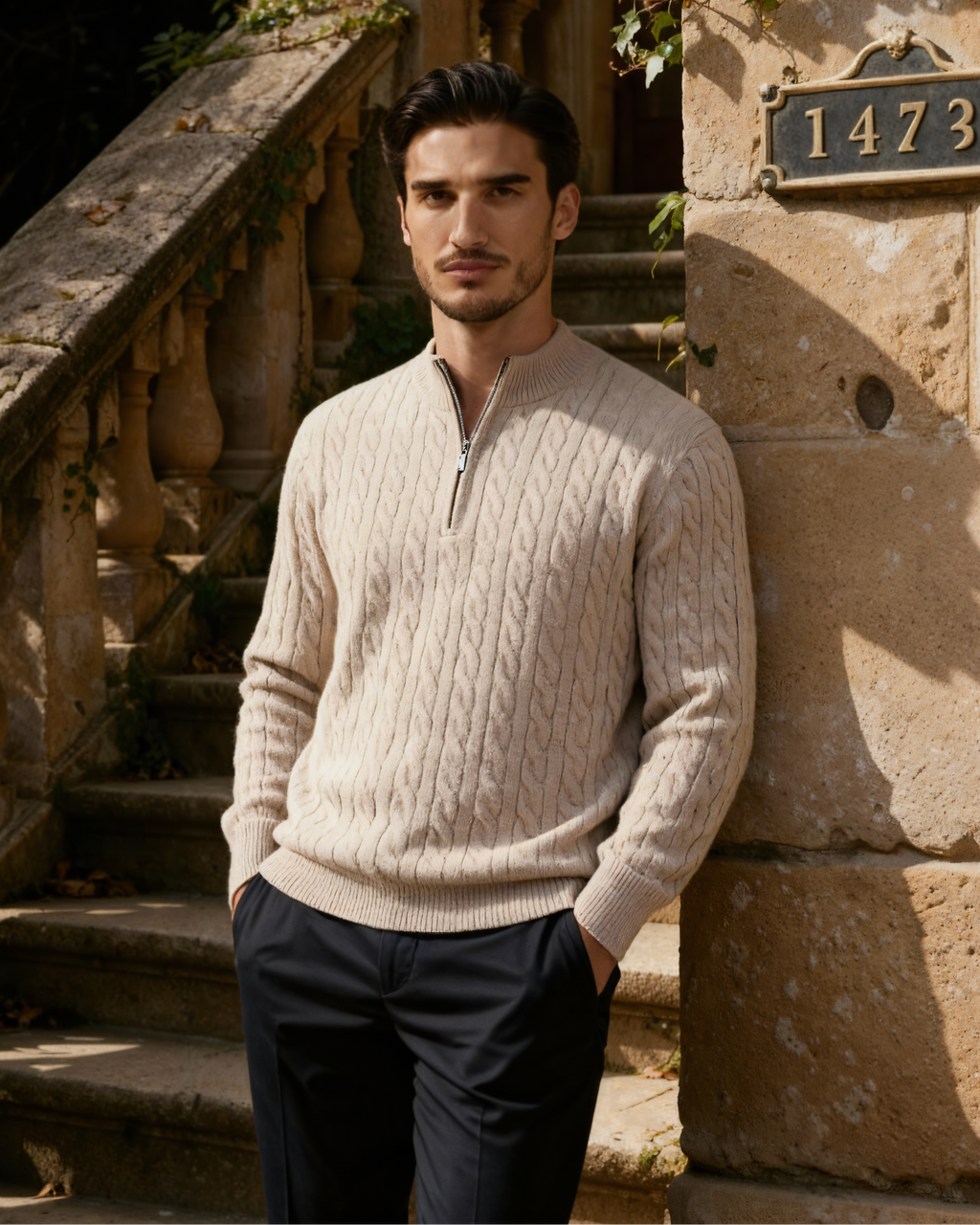 Men's Cable-Pattern Half-Zip Jumper With Ribbed Collar - Beige