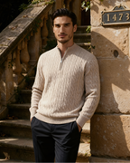 Men's Cable-Pattern Half-Zip Jumper With Ribbed Collar - Beige