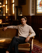 Men's Cable-Pattern Half-Zip Jumper With Ribbed Collar - Beige