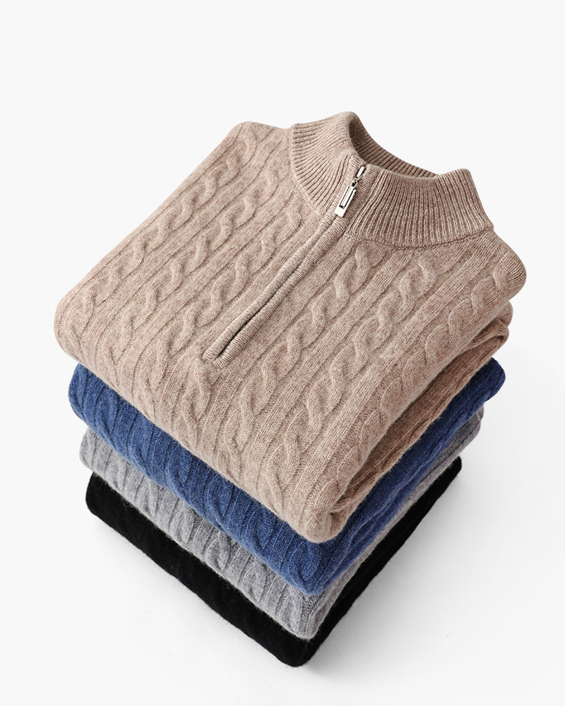 Men's Cable-Pattern Half-Zip Jumper With Ribbed Collar - Colour options