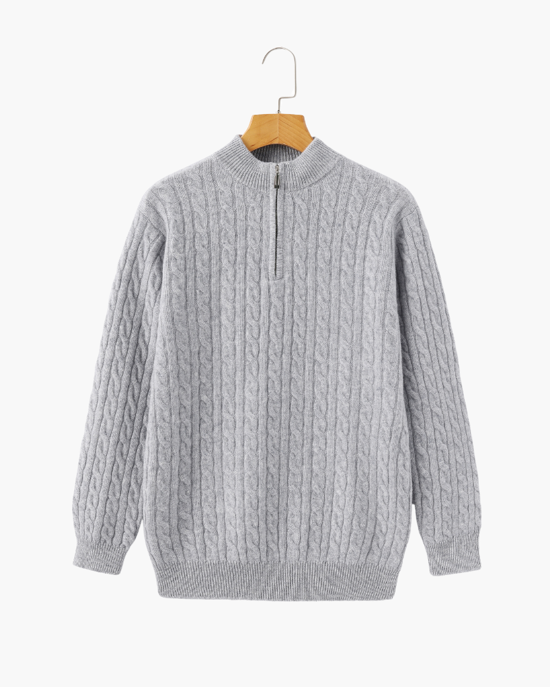 Men's Cable-Pattern Half-Zip Jumper With Ribbed Collar - Grey
