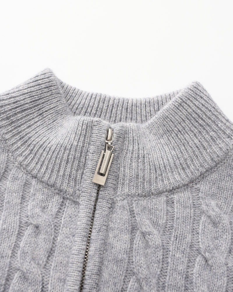 Men's Cable-Pattern Half-Zip Jumper With Ribbed Collar - Grey