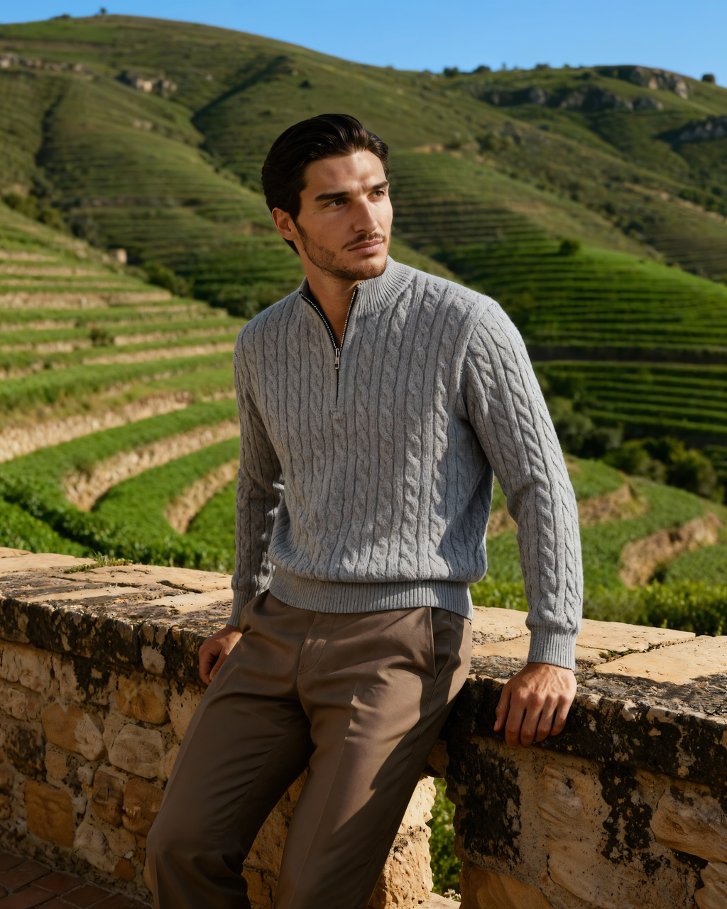 Men's Cable-Pattern Half-Zip Jumper With Ribbed Collar - Grey