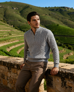 Men's Cable-Pattern Half-Zip Jumper With Ribbed Collar - Grey