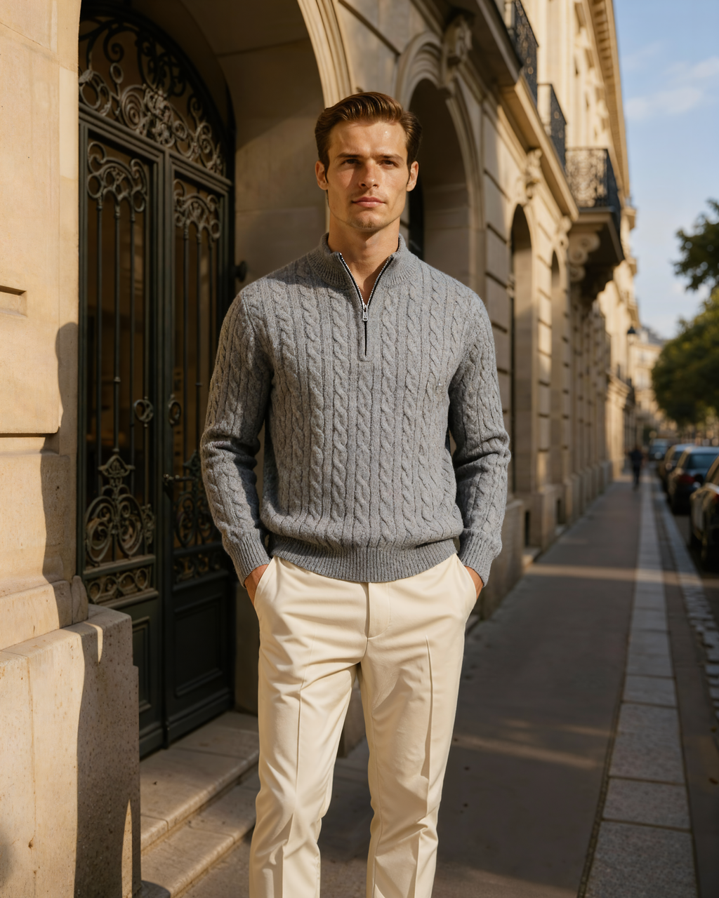 Men's Cable-Pattern Half-Zip Jumper With Ribbed Collar - Grey