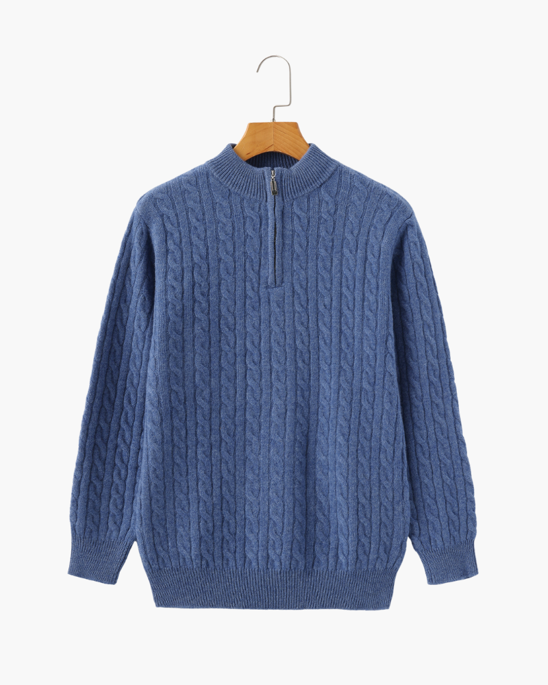 Men's Cable-Pattern Half-Zip Jumper With Ribbed Collar - Blue