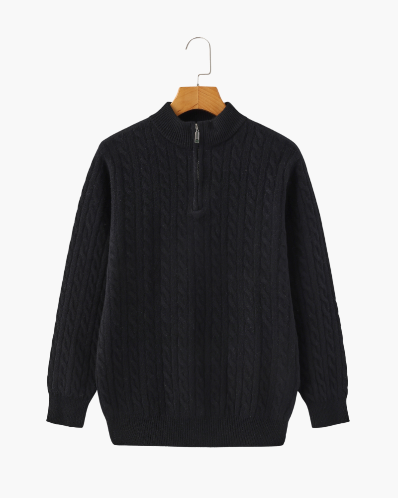 Men's Cable-Pattern Half-Zip Jumper With Ribbed Collar - Black