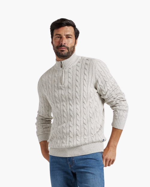 Men's Cable-Pattern Jumper With Ribbed Half-Zip Neck - Grey