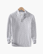 Men's Cable-Pattern Jumper With Ribbed Half-Zip Neck - Grey