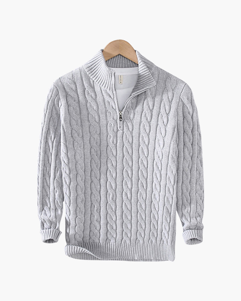Men's Cable-Pattern Jumper With Ribbed Half-Zip Neck - Grey