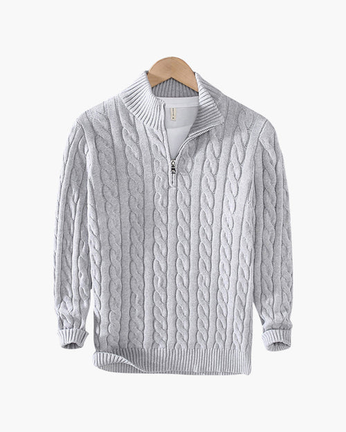 Men's Cable-Pattern Jumper With Ribbed Half-Zip Neck - Grey