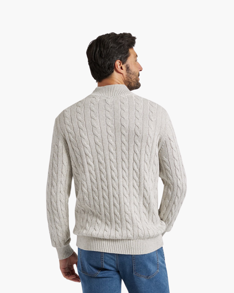 Men's Cable-Pattern Jumper With Ribbed Half-Zip Neck - Grey