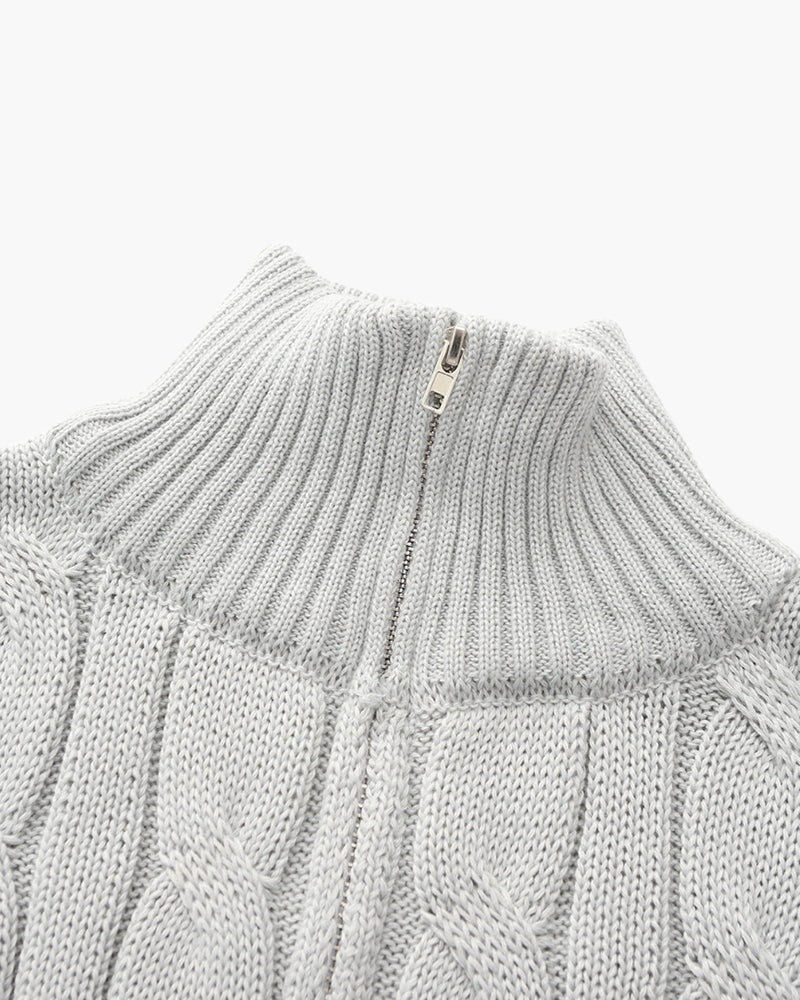 Men's Cable-Pattern Jumper With Ribbed Half-Zip Neck - Grey