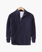 Men's Cable-Pattern Jumper With Ribbed Half-Zip Neck - Marine