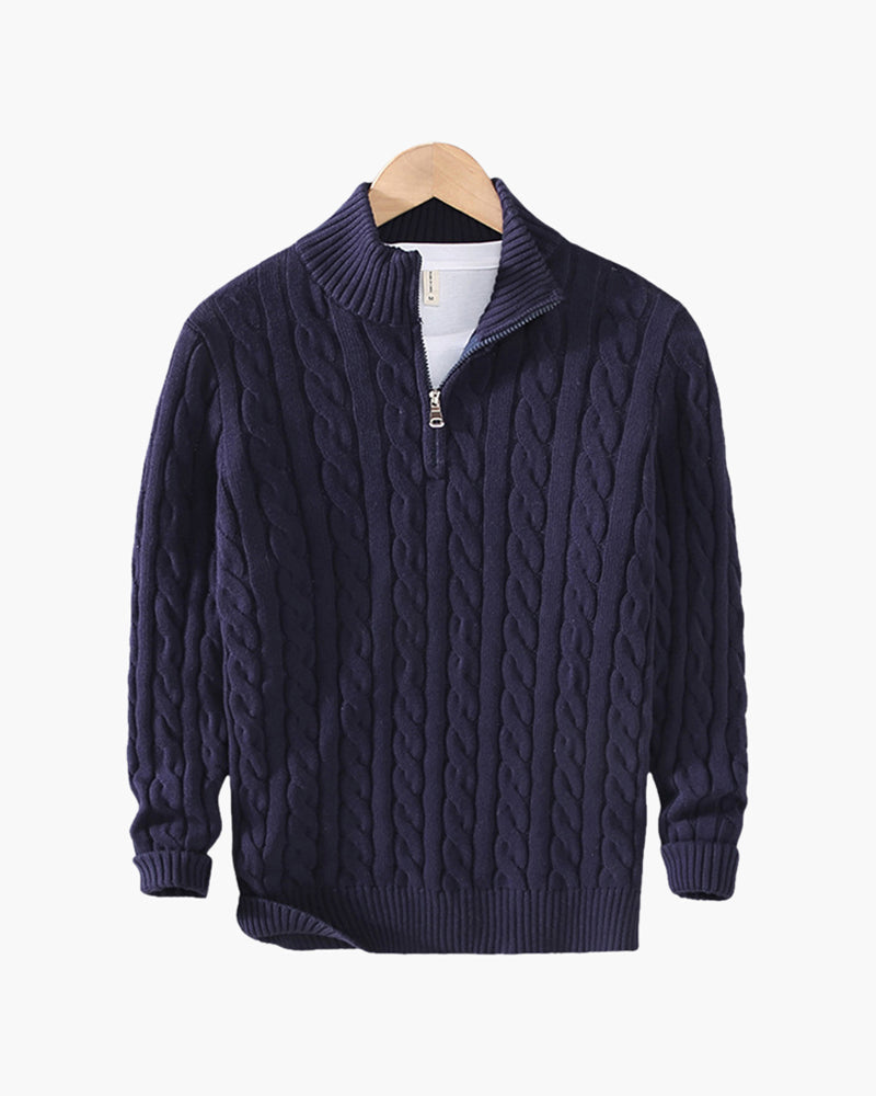 Men's Cable-Pattern Jumper With Ribbed Half-Zip Neck - Marine