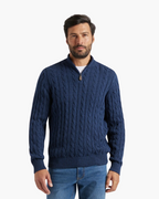 Men's Cable-Pattern Jumper With Ribbed Half-Zip Neck - Marine