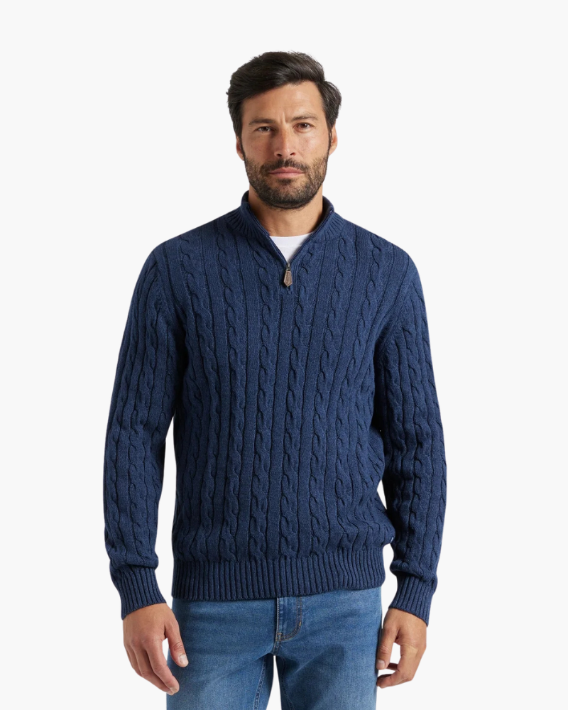 Men's Cable-Pattern Jumper With Ribbed Half-Zip Neck - Marine