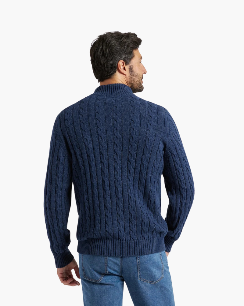 Men's Cable-Pattern Jumper With Ribbed Half-Zip Neck - Marine