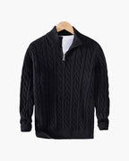 Men's Cable-Pattern Jumper With Ribbed Half-Zip Neck - Black