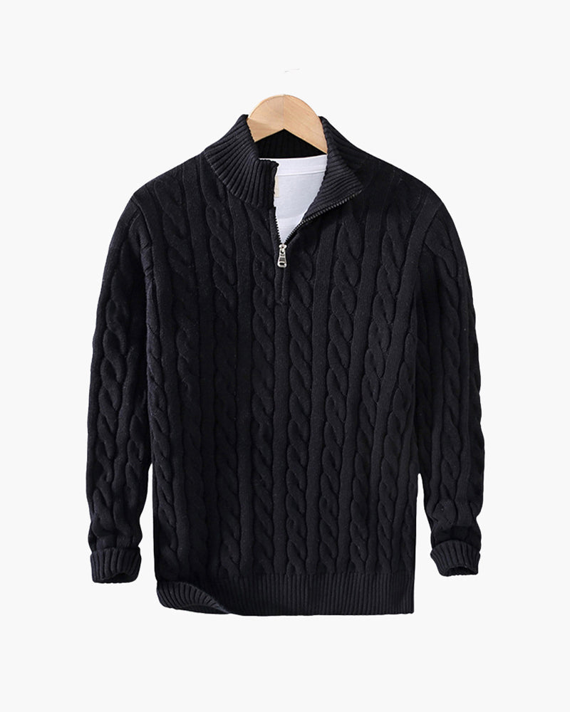Men's Cable-Pattern Jumper With Ribbed Half-Zip Neck - Black
